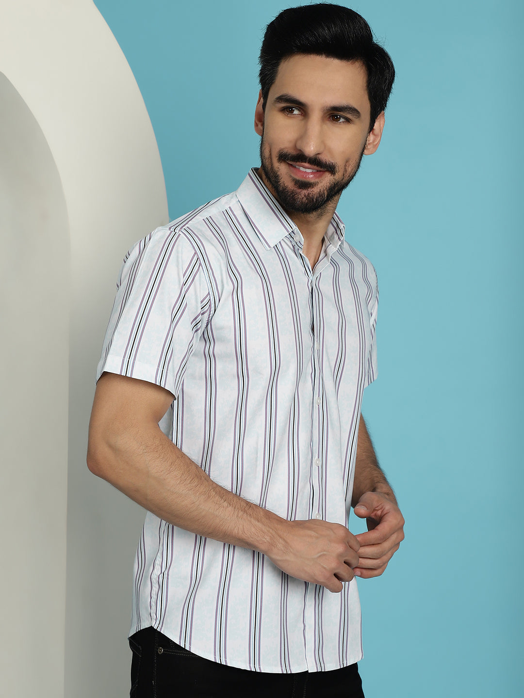 Indian Needle Men's Vertical Striped Half Sleeve Casual Shirt - Blue | Swadesiicart