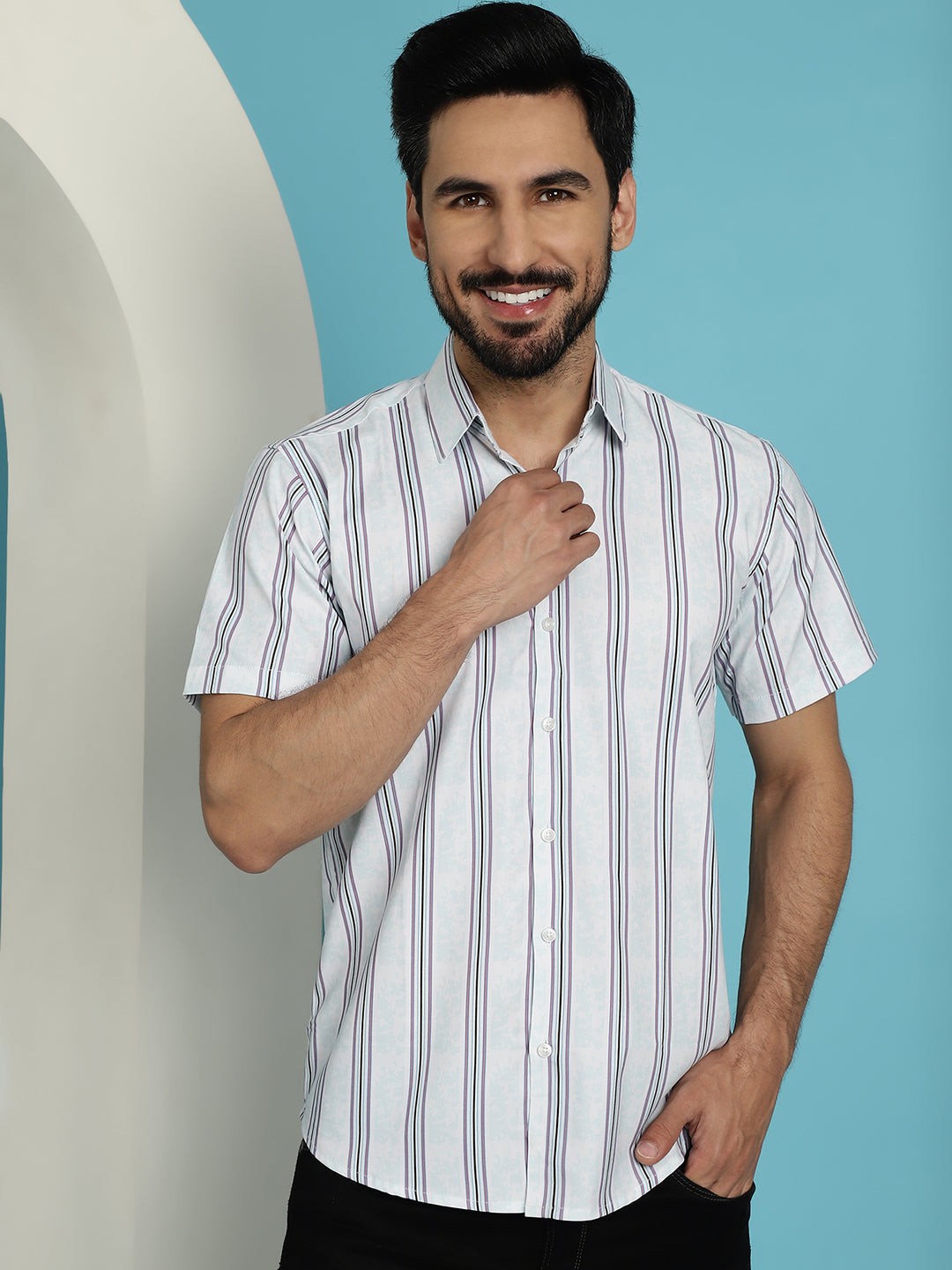 Indian Needle Men's Vertical Striped Half Sleeve Casual Shirt - Blue | Swadesiicart