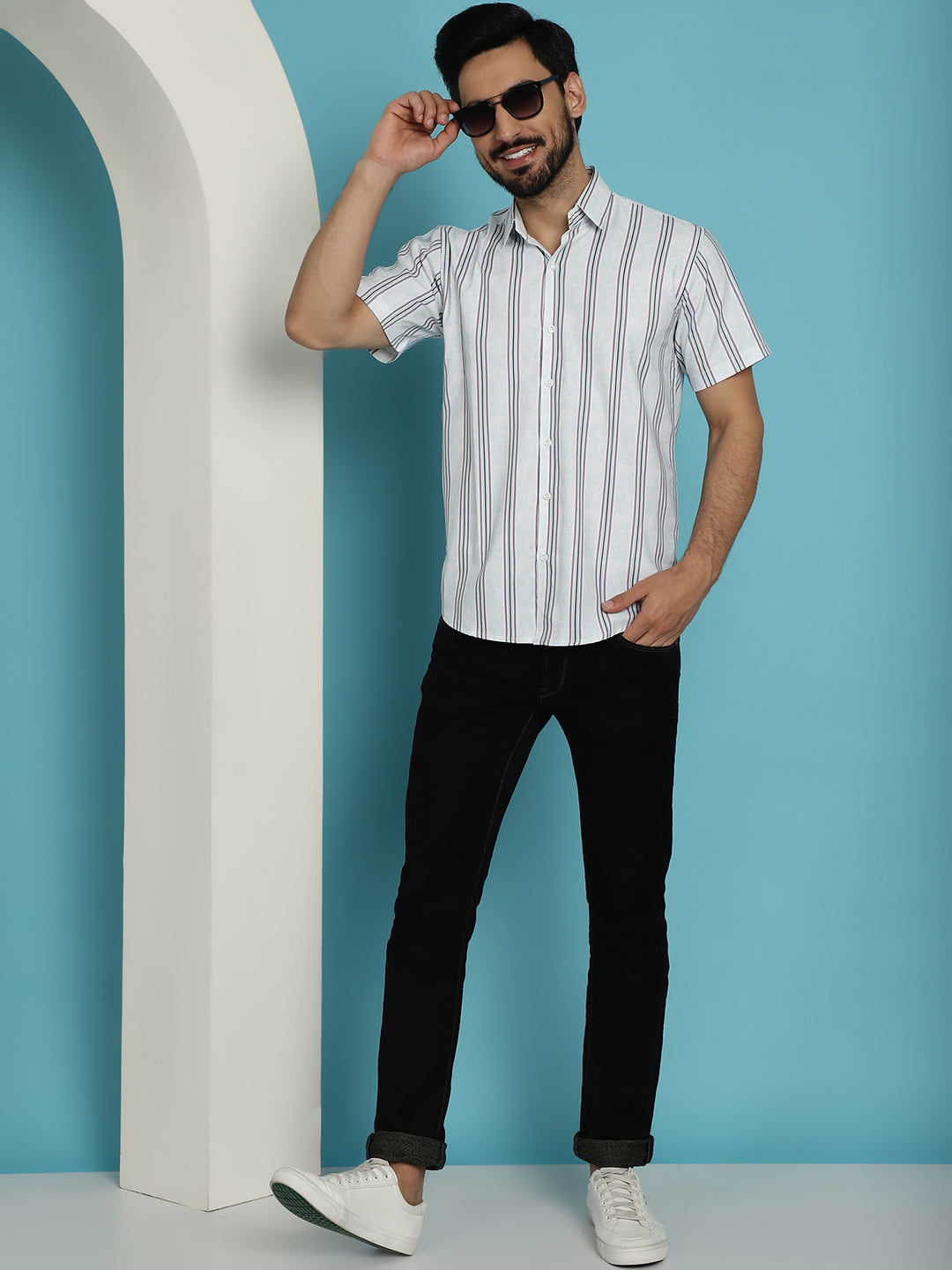 Indian Needle Men's Vertical Striped Half Sleeve Casual Shirt - Blue | Swadesiicart