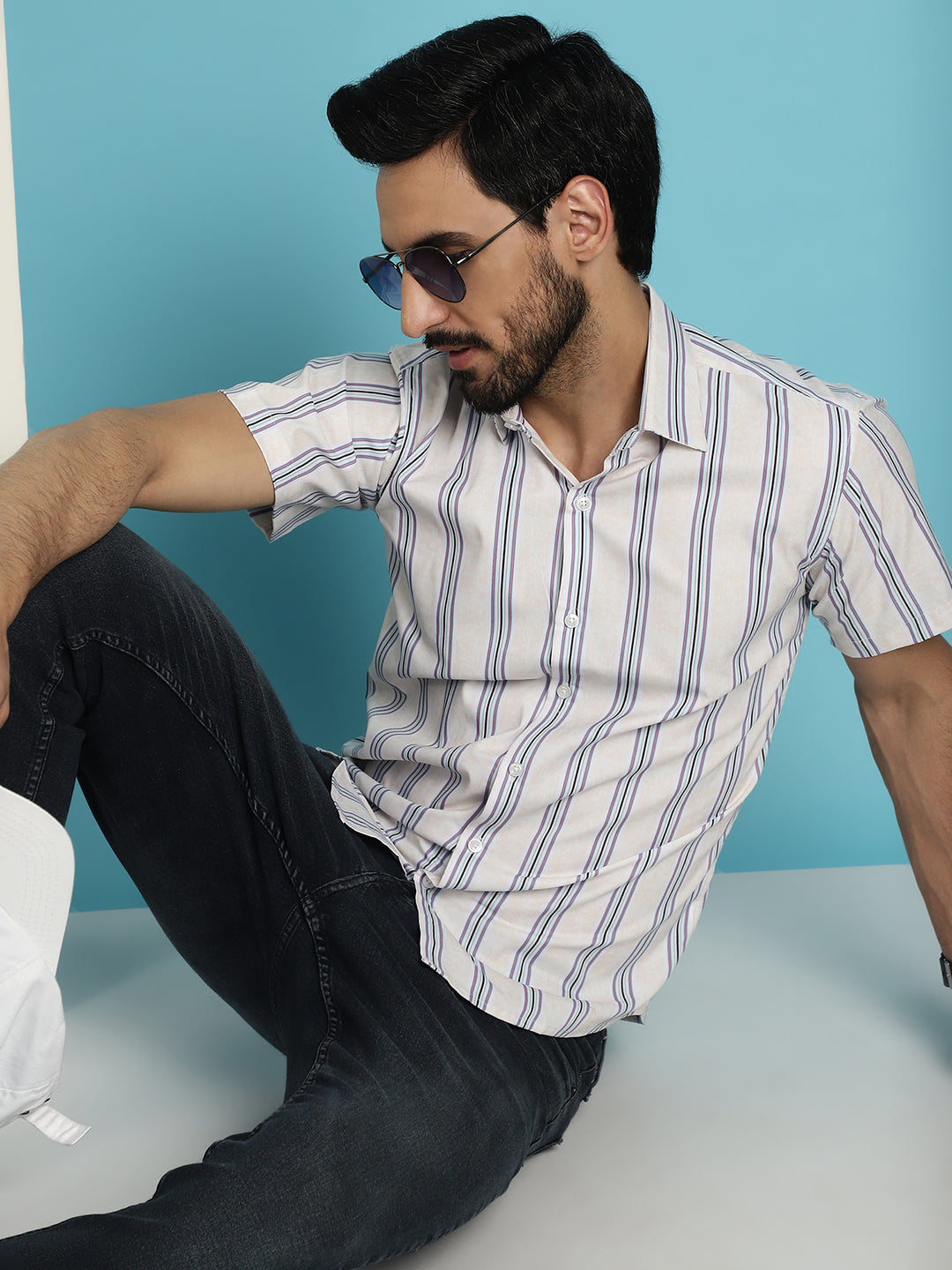 Indian Needle Men's Vertical Striped Half Sleeve Casual Shirt - Cream | Swadesiicart