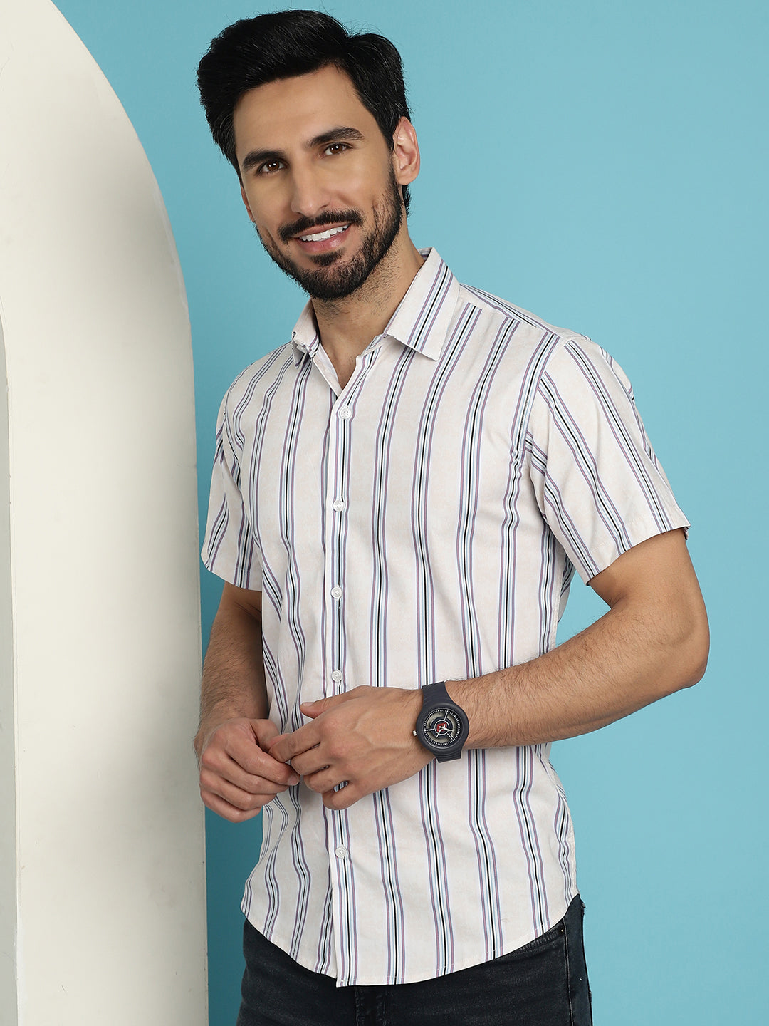 Indian Needle Men's Vertical Striped Half Sleeve Casual Shirt - Cream | Swadesiicart