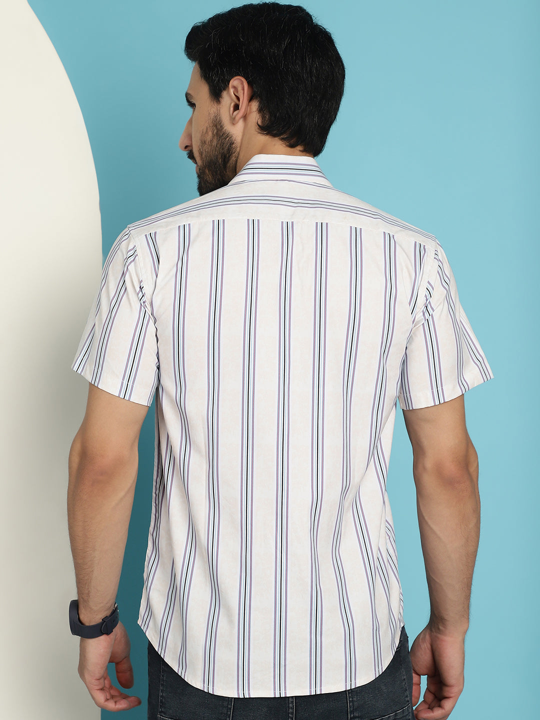 Indian Needle Men's Vertical Striped Half Sleeve Casual Shirt - Cream | Swadesiicart