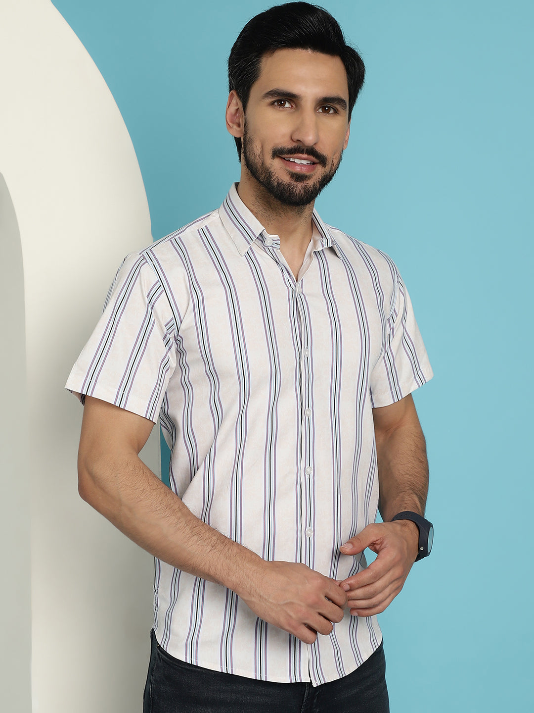 Indian Needle Men's Vertical Striped Half Sleeve Casual Shirt - Cream | Swadesiicart