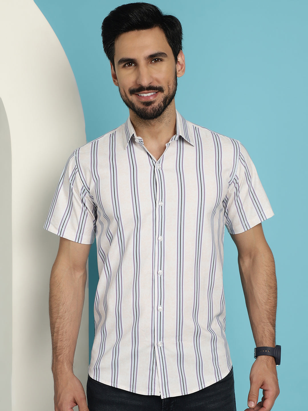 Indian Needle Men's Vertical Striped Half Sleeve Casual Shirt - Cream | Swadesiicart