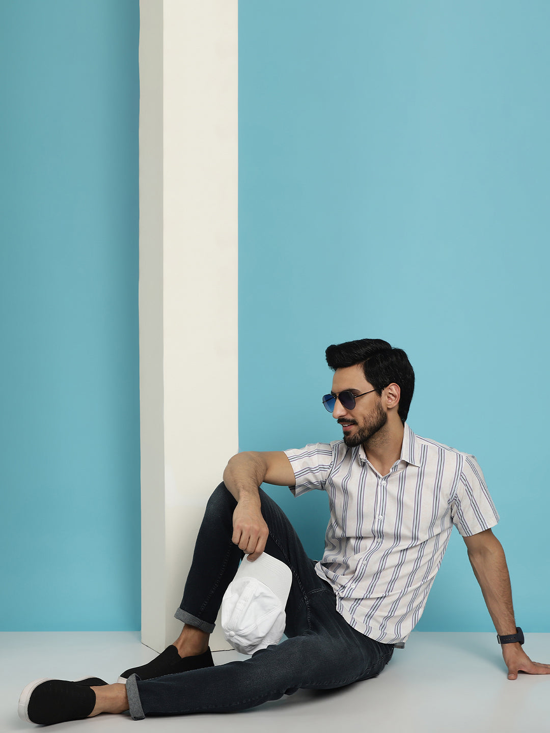 Indian Needle Men's Vertical Striped Half Sleeve Casual Shirt - Cream | Swadesiicart