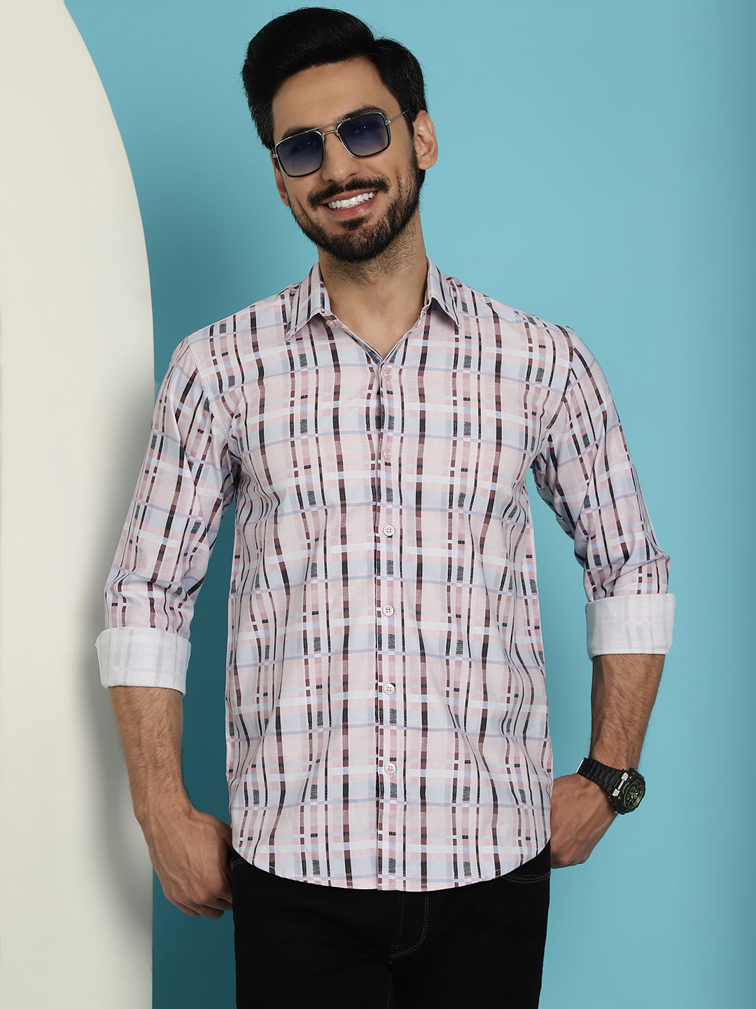 Indian Needle Men's Cotton Blend Checked Casual Shirt - Light-Brown | Swadesiicart