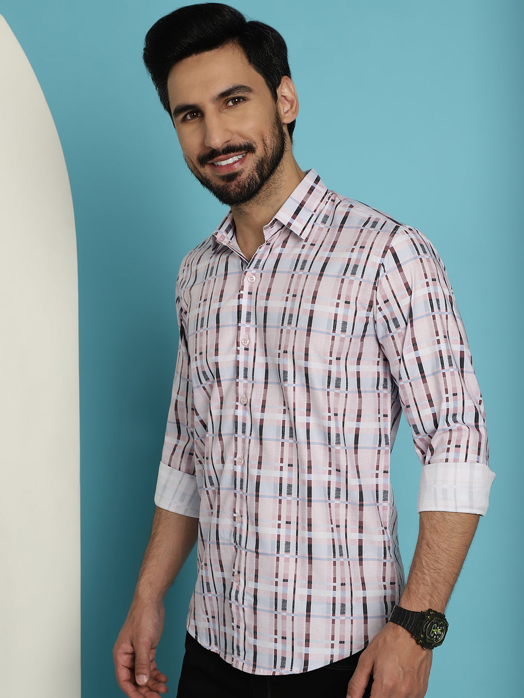 Indian Needle Men's Cotton Blend Checked Casual Shirt - Light-Brown | Swadesiicart