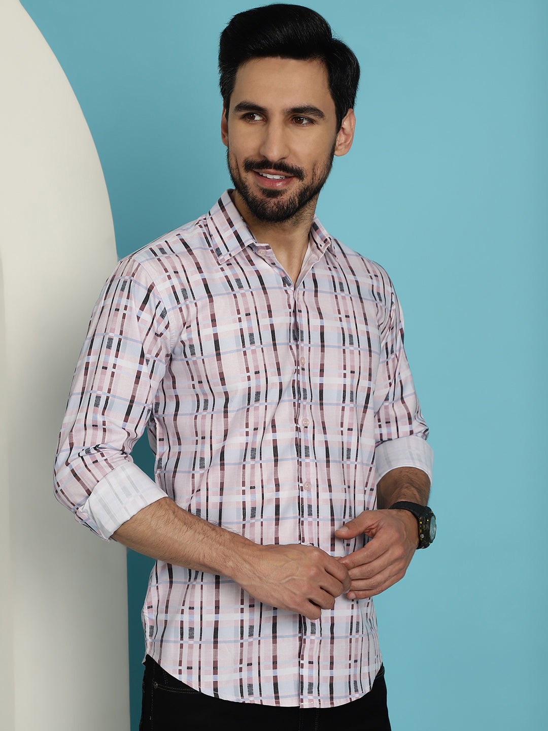 Indian Needle Men's Cotton Blend Checked Casual Shirt - Light-Brown | Swadesiicart