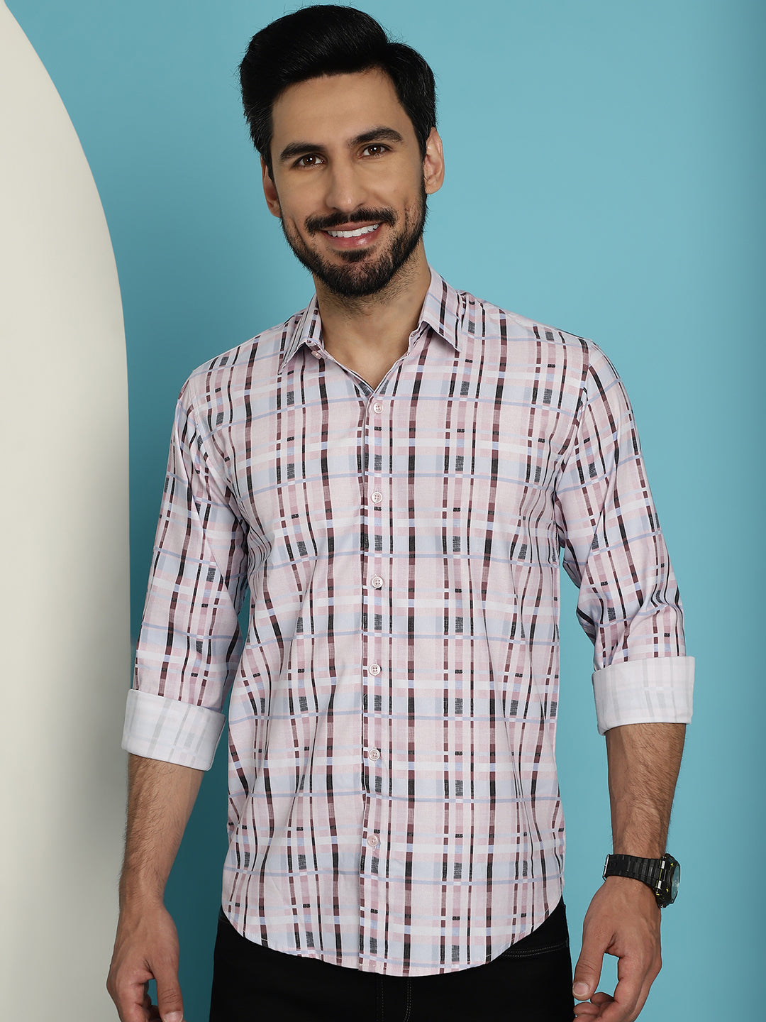 Indian Needle Men's Cotton Blend Checked Casual Shirt - Light-Brown | Swadesiicart
