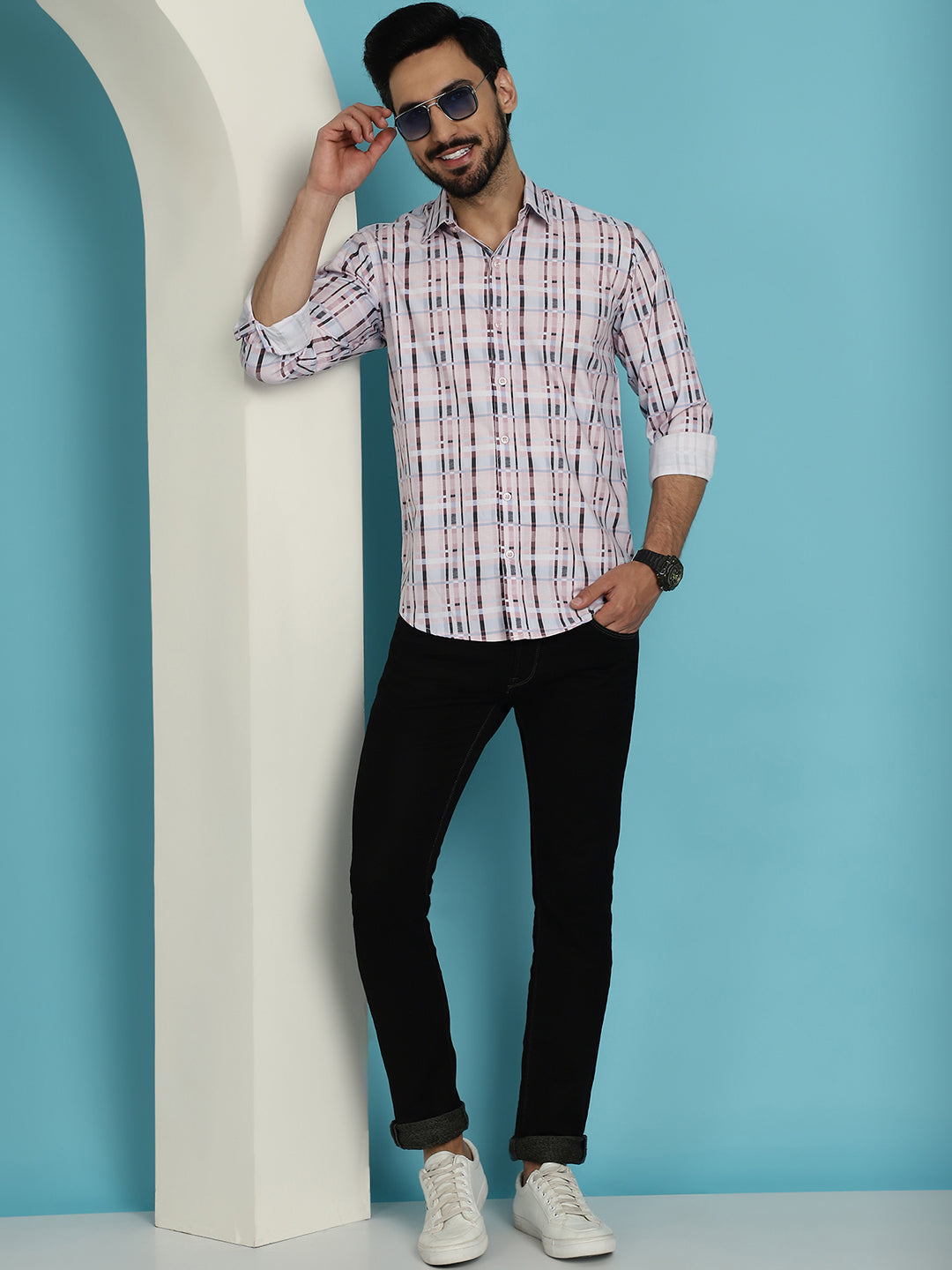 Indian Needle Men's Cotton Blend Checked Casual Shirt - Light-Brown | Swadesiicart