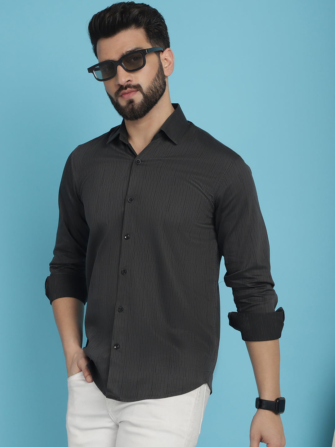 Indian Needle Men's Woven Design Casual Shirt - Charcoal | Swadesiicart