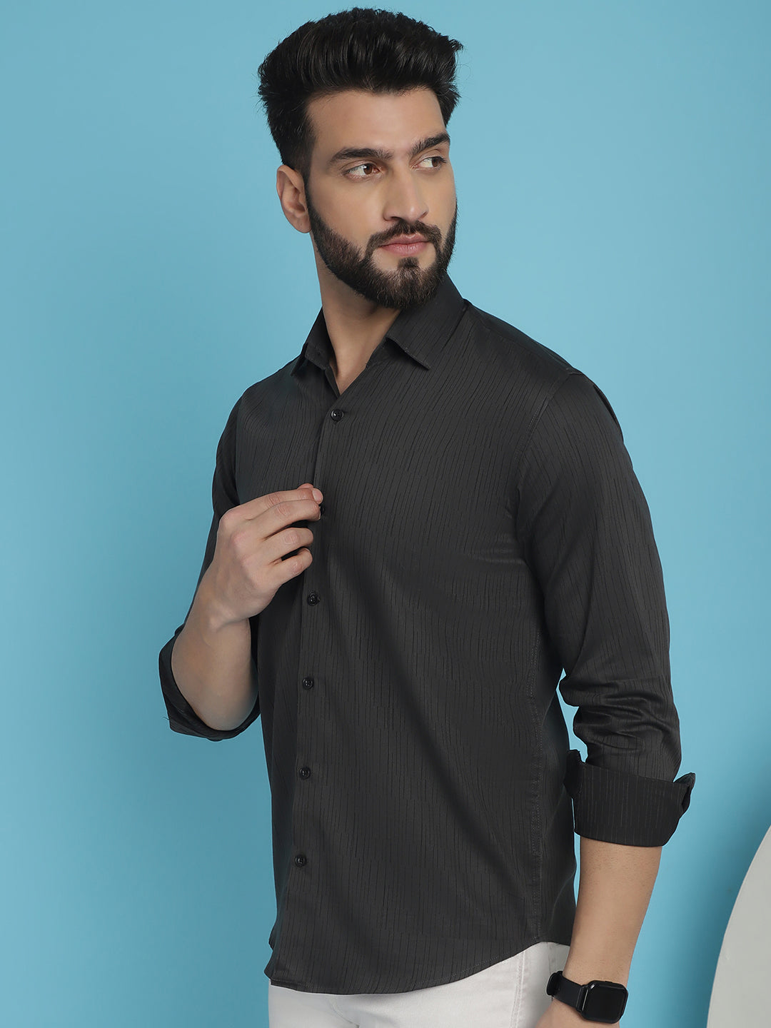 Indian Needle Men's Woven Design Casual Shirt - Charcoal | Swadesiicart