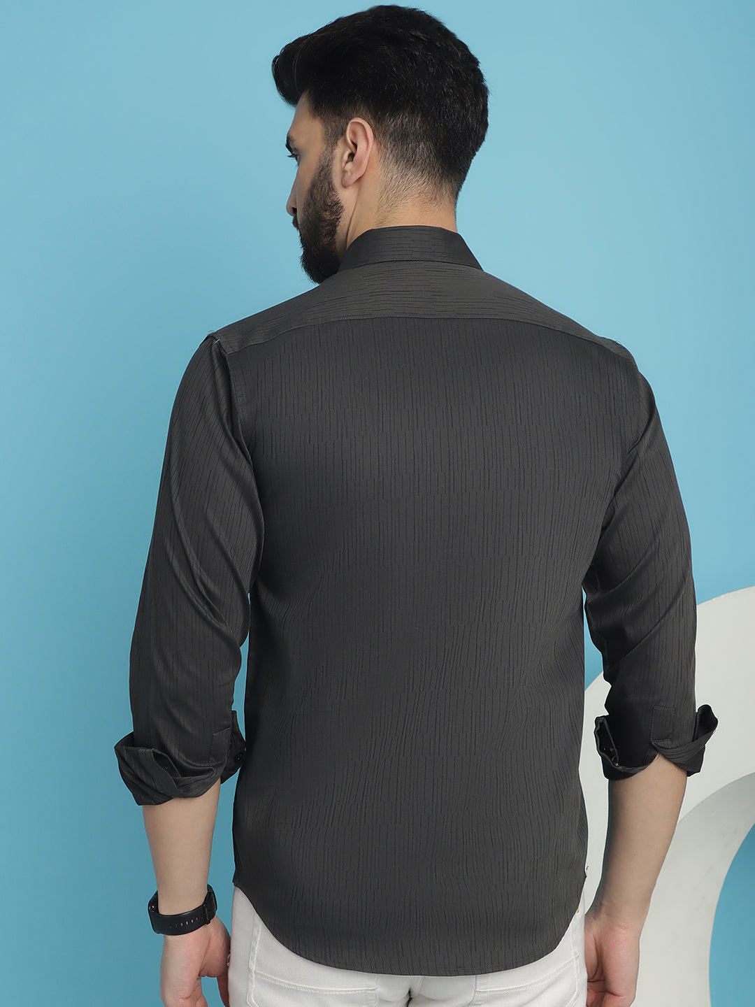 Indian Needle Men's Woven Design Casual Shirt - Charcoal | Swadesiicart