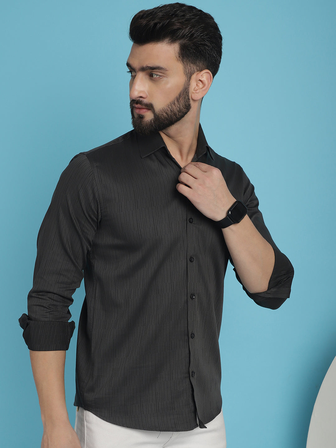 Indian Needle Men's Woven Design Casual Shirt - Charcoal | Swadesiicart
