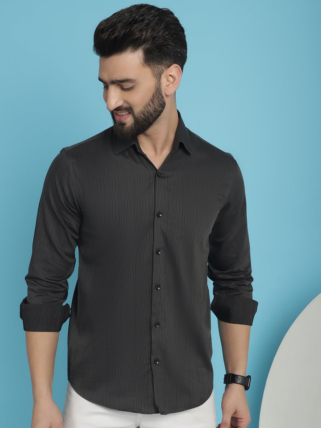 Indian Needle Men's Woven Design Casual Shirt - Charcoal | Swadesiicart