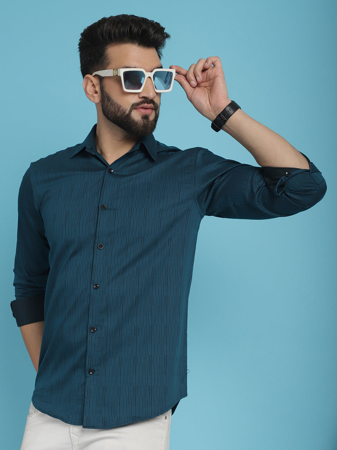Indian Needle Men's Woven Design Casual Shirt - Peacock | Swadesiicart