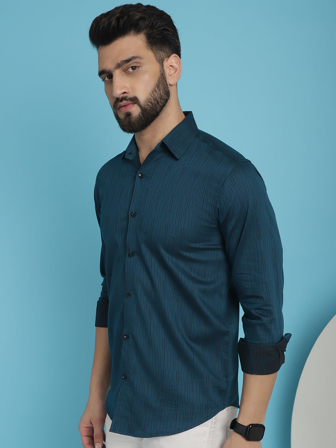 Indian Needle Men's Woven Design Casual Shirt - Peacock | Swadesiicart