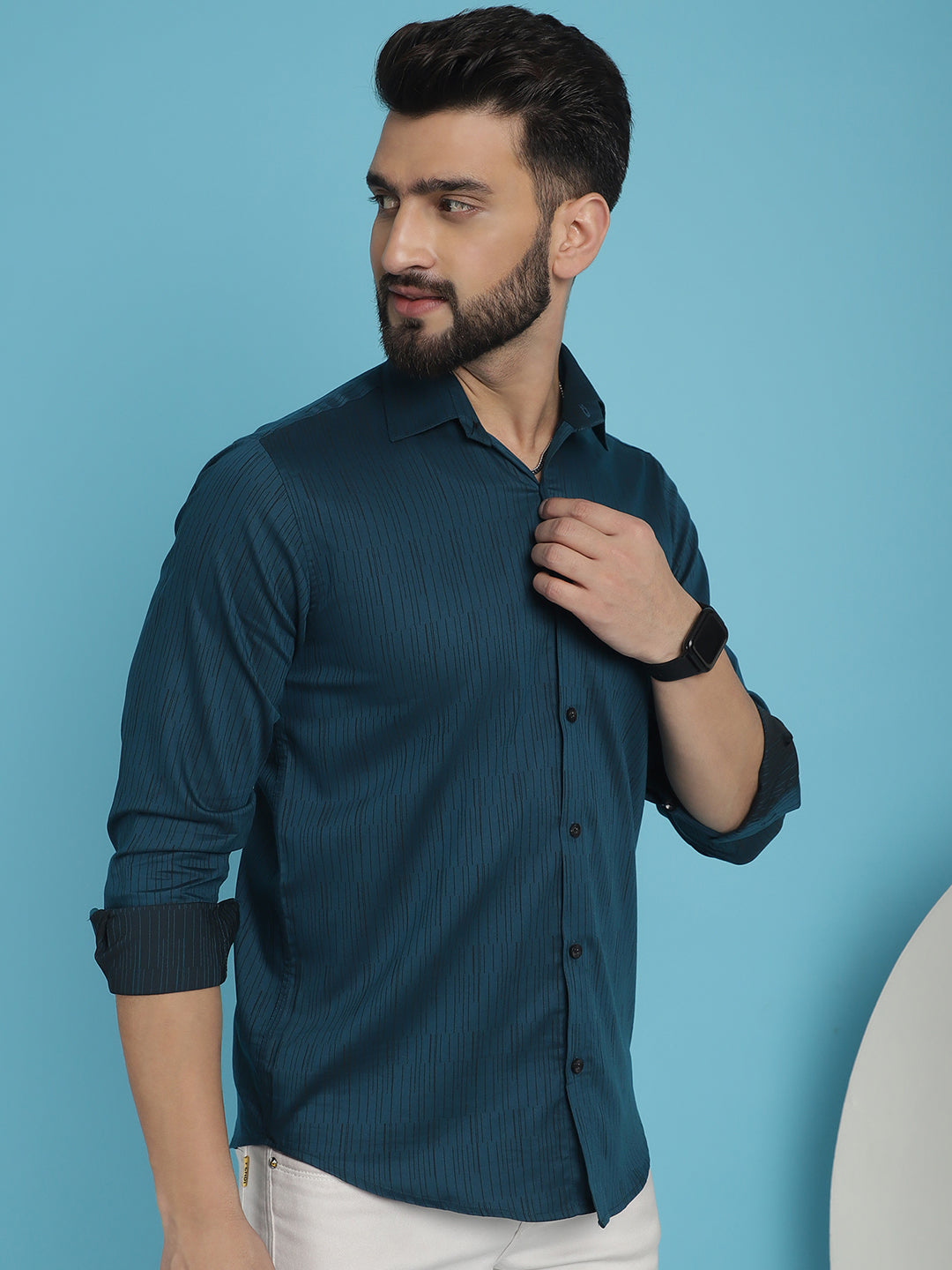 Indian Needle Men's Woven Design Casual Shirt - Peacock | Swadesiicart