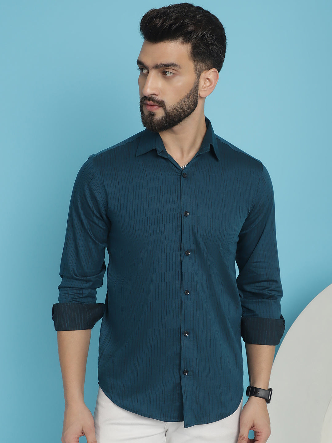 Indian Needle Men's Woven Design Casual Shirt - Peacock | Swadesiicart