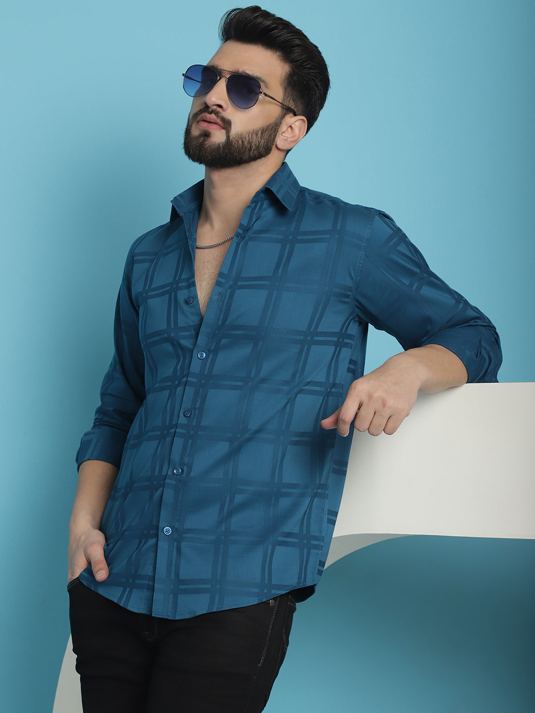 Indian Needle Men's Peacock Blue Checked Casual Shirt | Swadesiicart