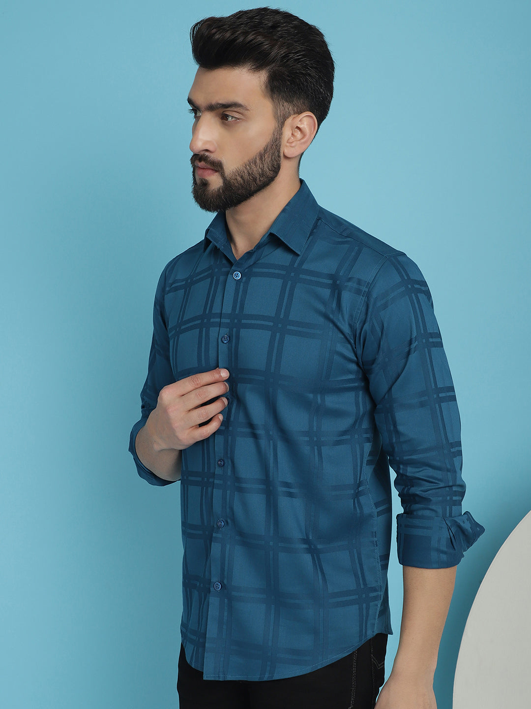Indian Needle Men's Peacock Blue Checked Casual Shirt | Swadesiicart