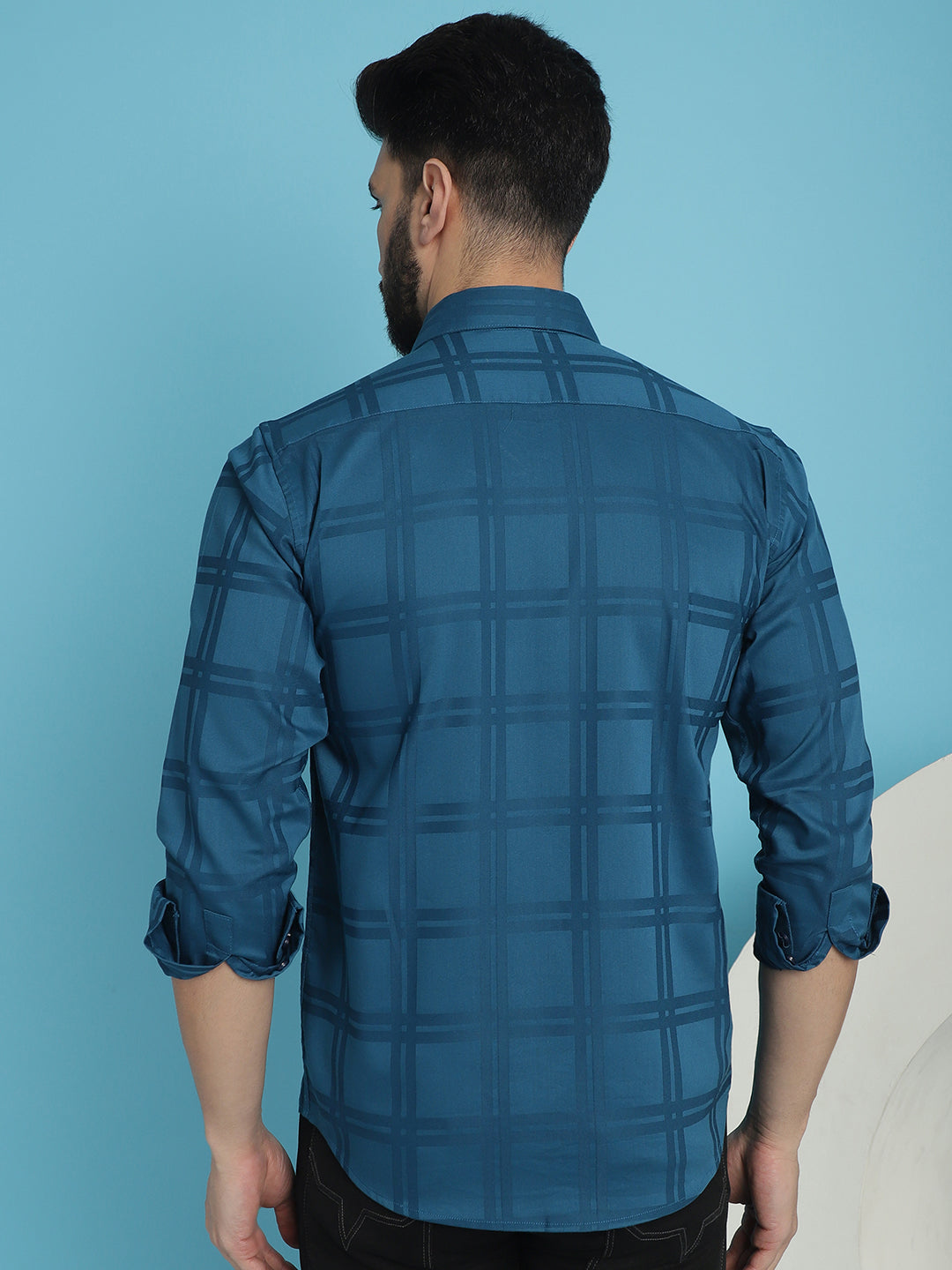 Indian Needle Men's Peacock Blue Checked Casual Shirt | Swadesiicart