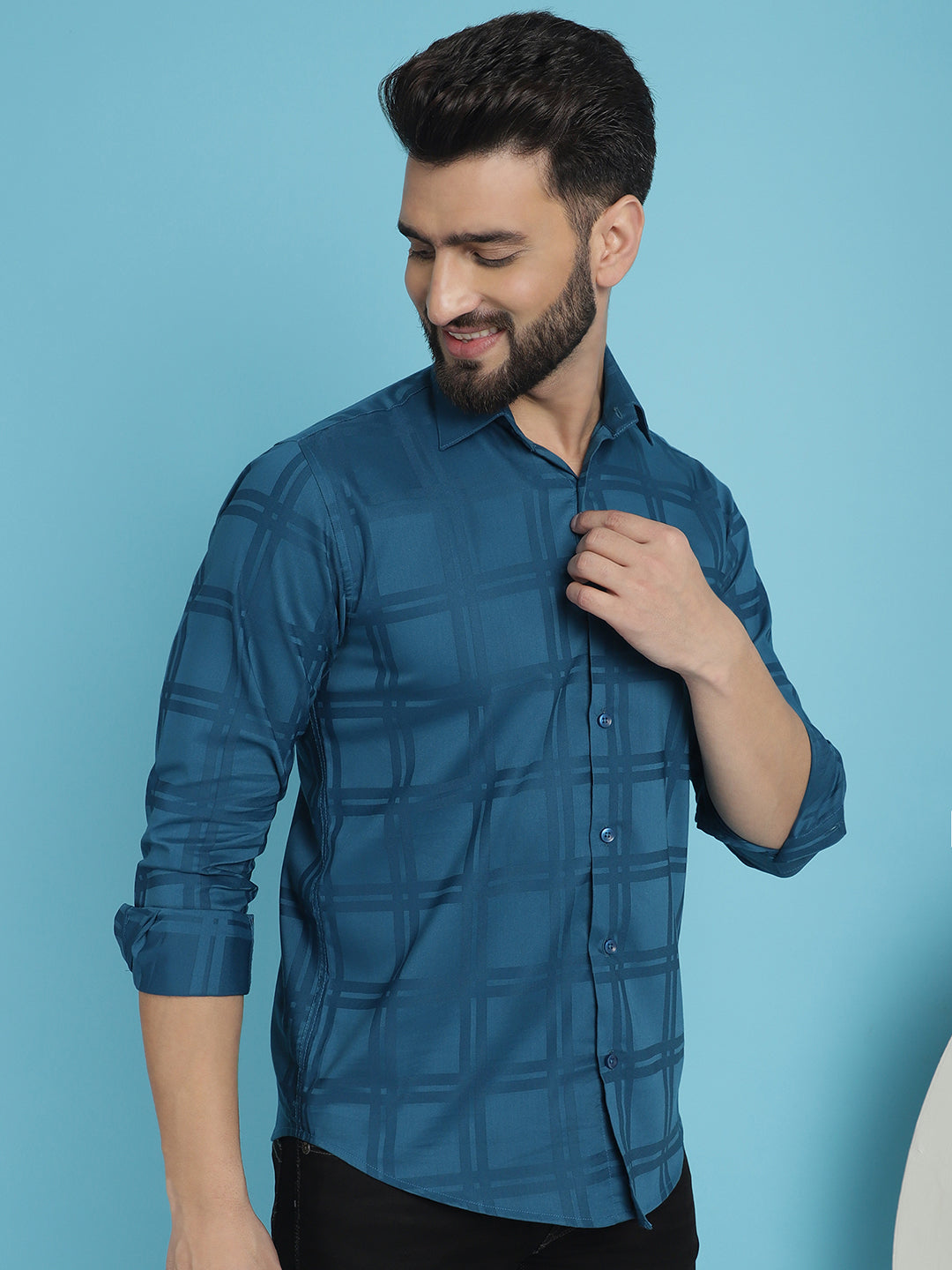 Indian Needle Men's Peacock Blue Checked Casual Shirt | Swadesiicart