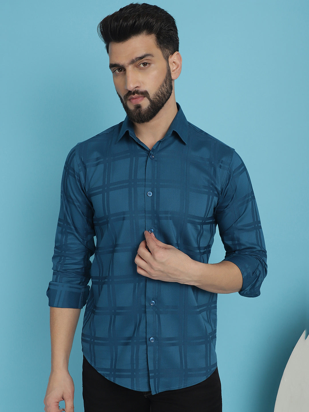 Indian Needle Men's Peacock Blue Checked Casual Shirt | Swadesiicart