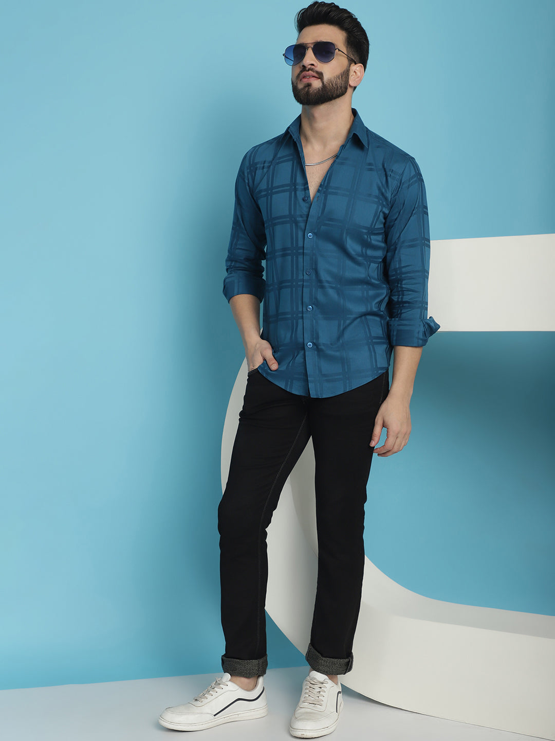 Indian Needle Men's Peacock Blue Checked Casual Shirt | Swadesiicart