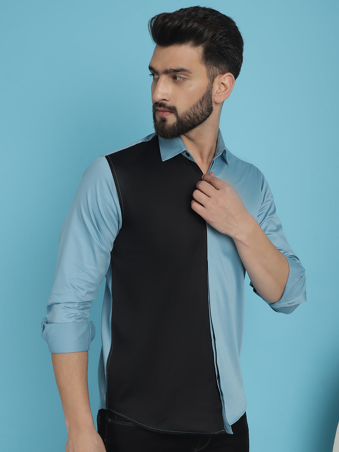Indian Needle Men's Premium Cotton Satin Casual Shirt - Sky Blue | Swadesiicart