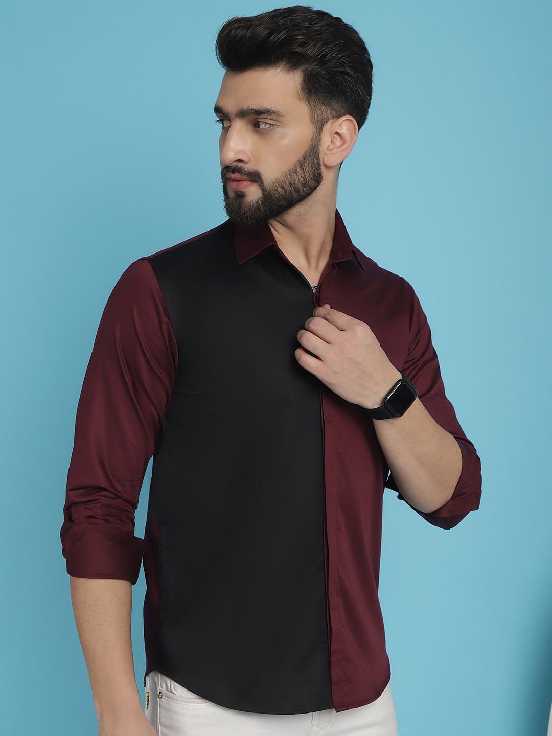 Indian Needle Men's Premium Cotton Satin Casual Shirt - Wine | Swadesiicart