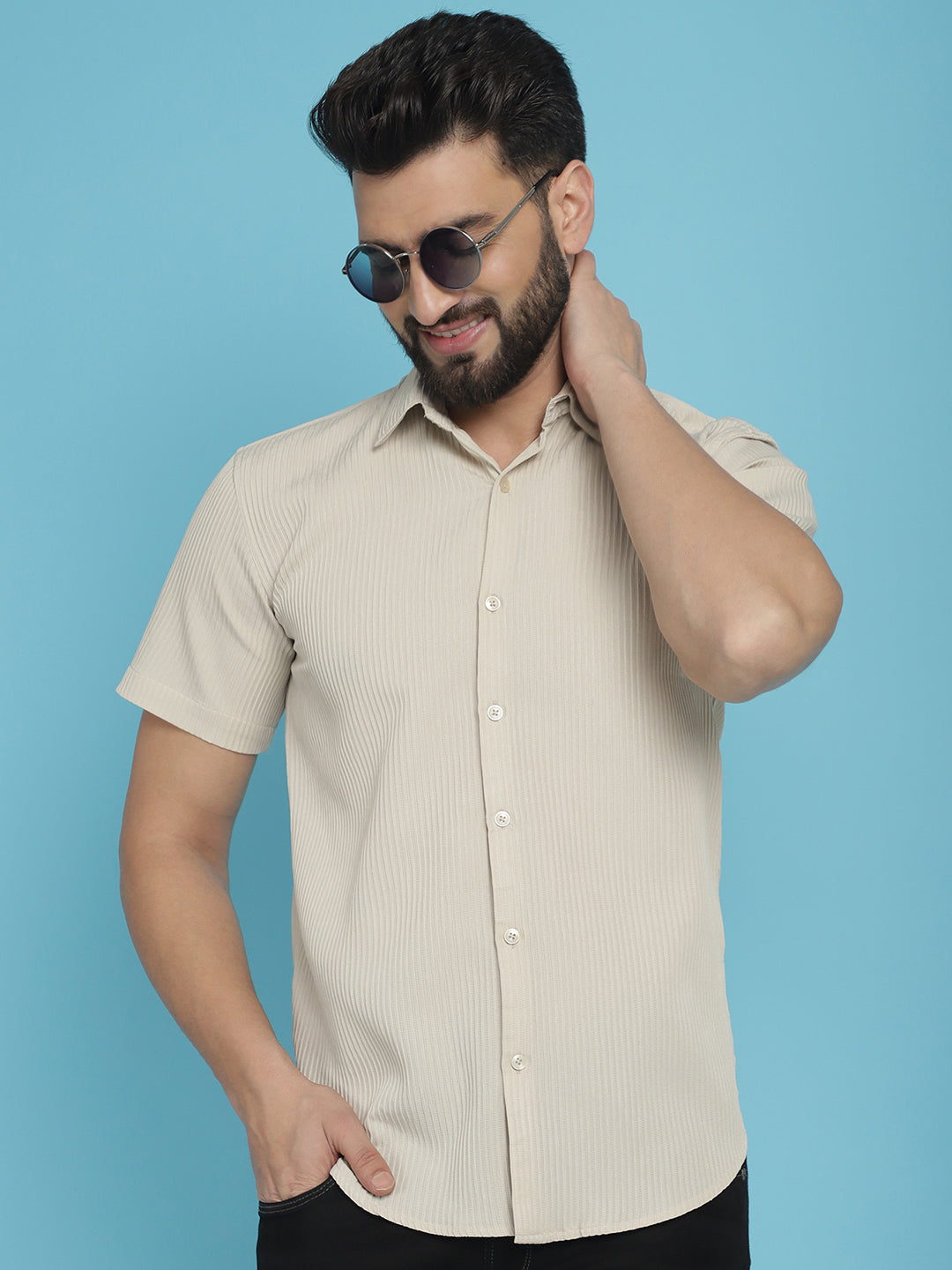 Indian Needle Men's Striped Half Sleeve Casual Shirt - Cream | Swadesiicart
