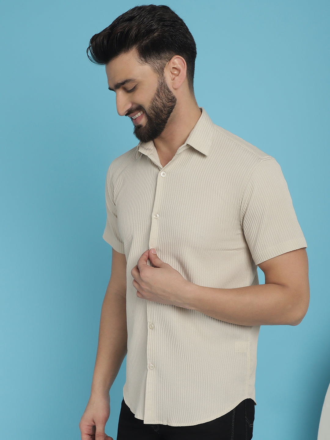 Indian Needle Men's Striped Half Sleeve Casual Shirt - Cream | Swadesiicart