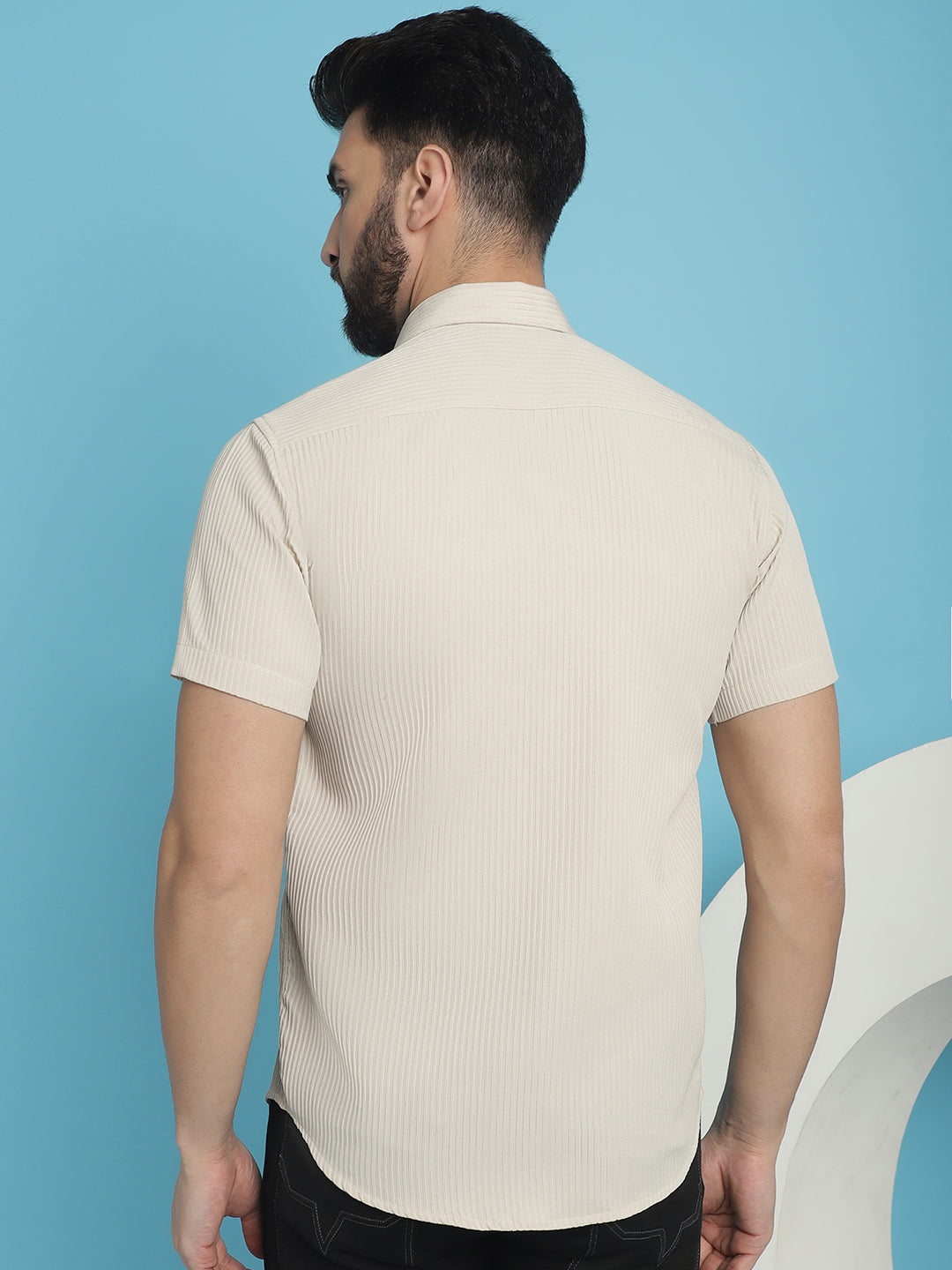 Indian Needle Men's Striped Half Sleeve Casual Shirt - Cream | Swadesiicart