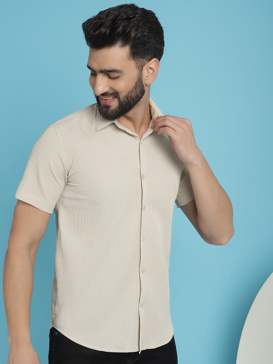 Indian Needle Men's Striped Half Sleeve Casual Shirt - Cream | Swadesiicart