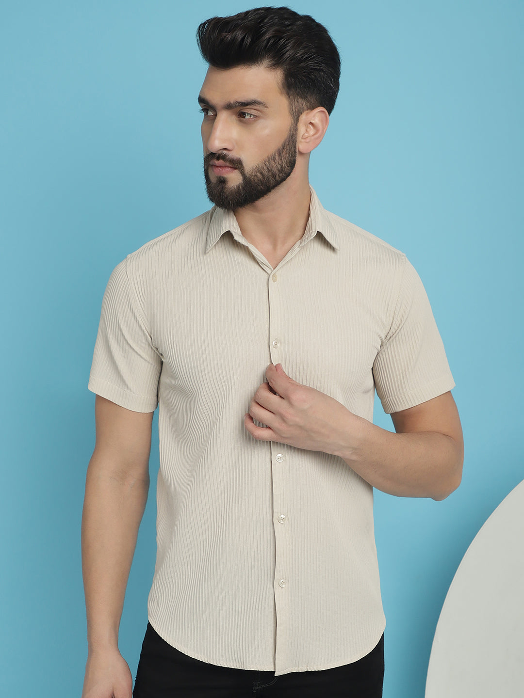Indian Needle Men's Striped Half Sleeve Casual Shirt - Cream | Swadesiicart
