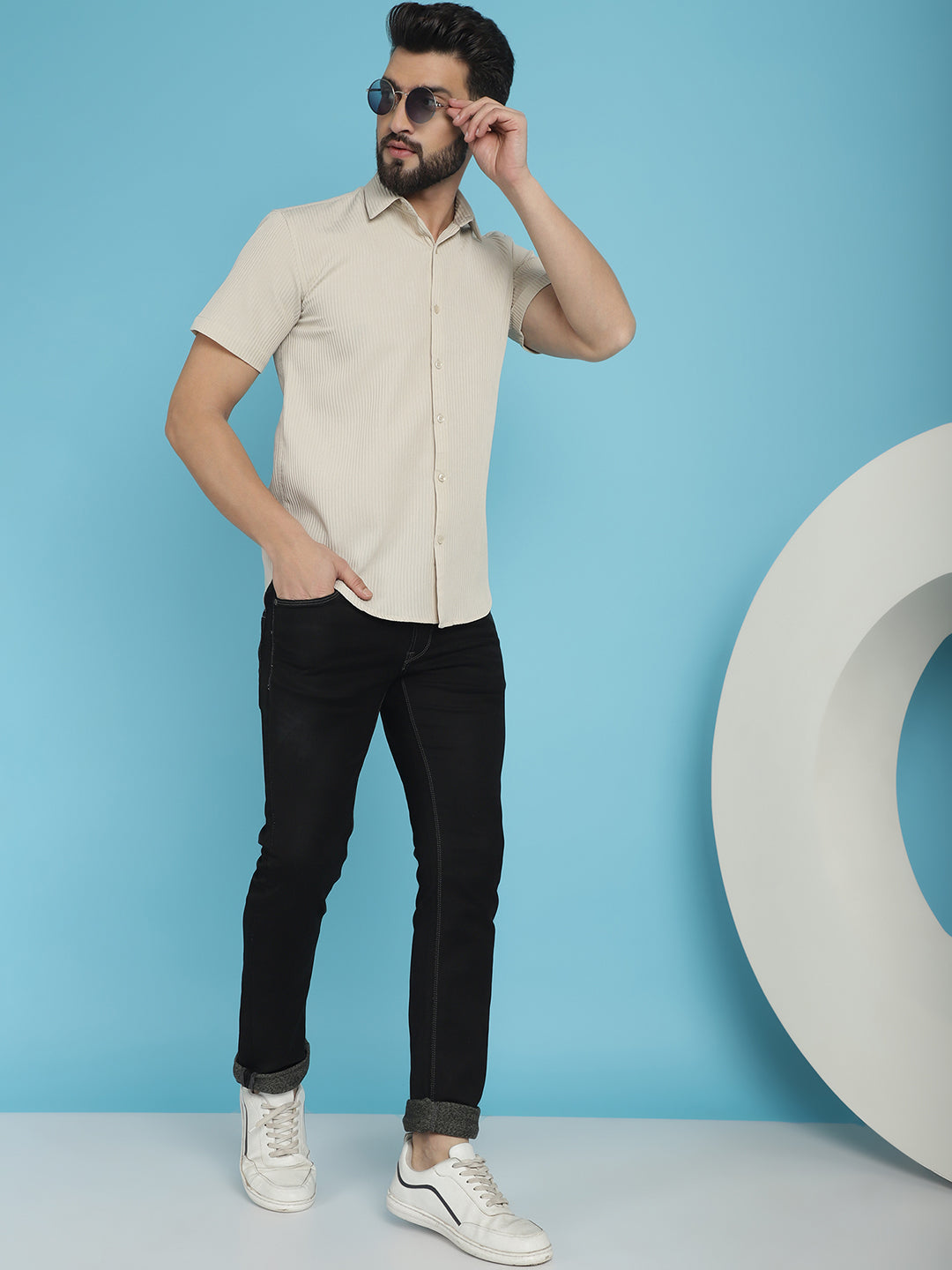 Indian Needle Men's Striped Half Sleeve Casual Shirt - Cream | Swadesiicart