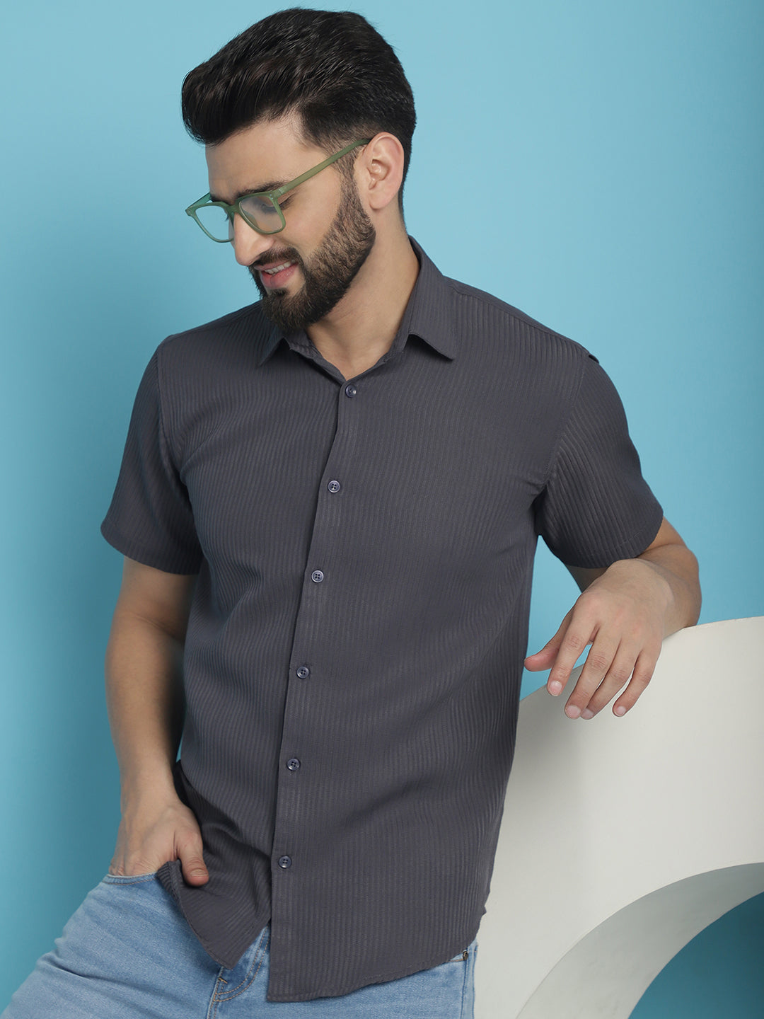 Indian Needle Men's Striped Half Sleeve Casual Shirt - Grey | Swadesiicart