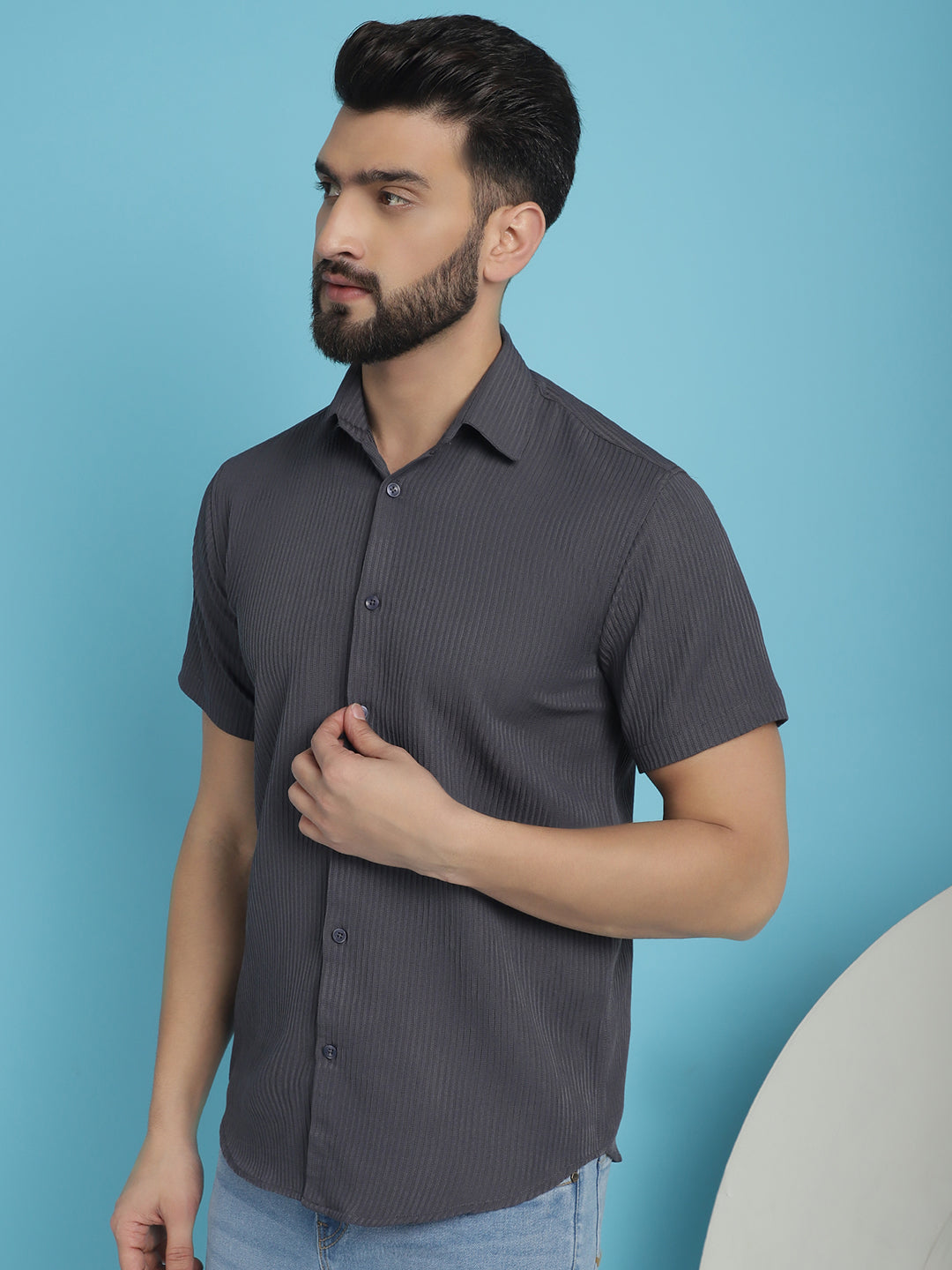 Indian Needle Men's Striped Half Sleeve Casual Shirt - Grey | Swadesiicart