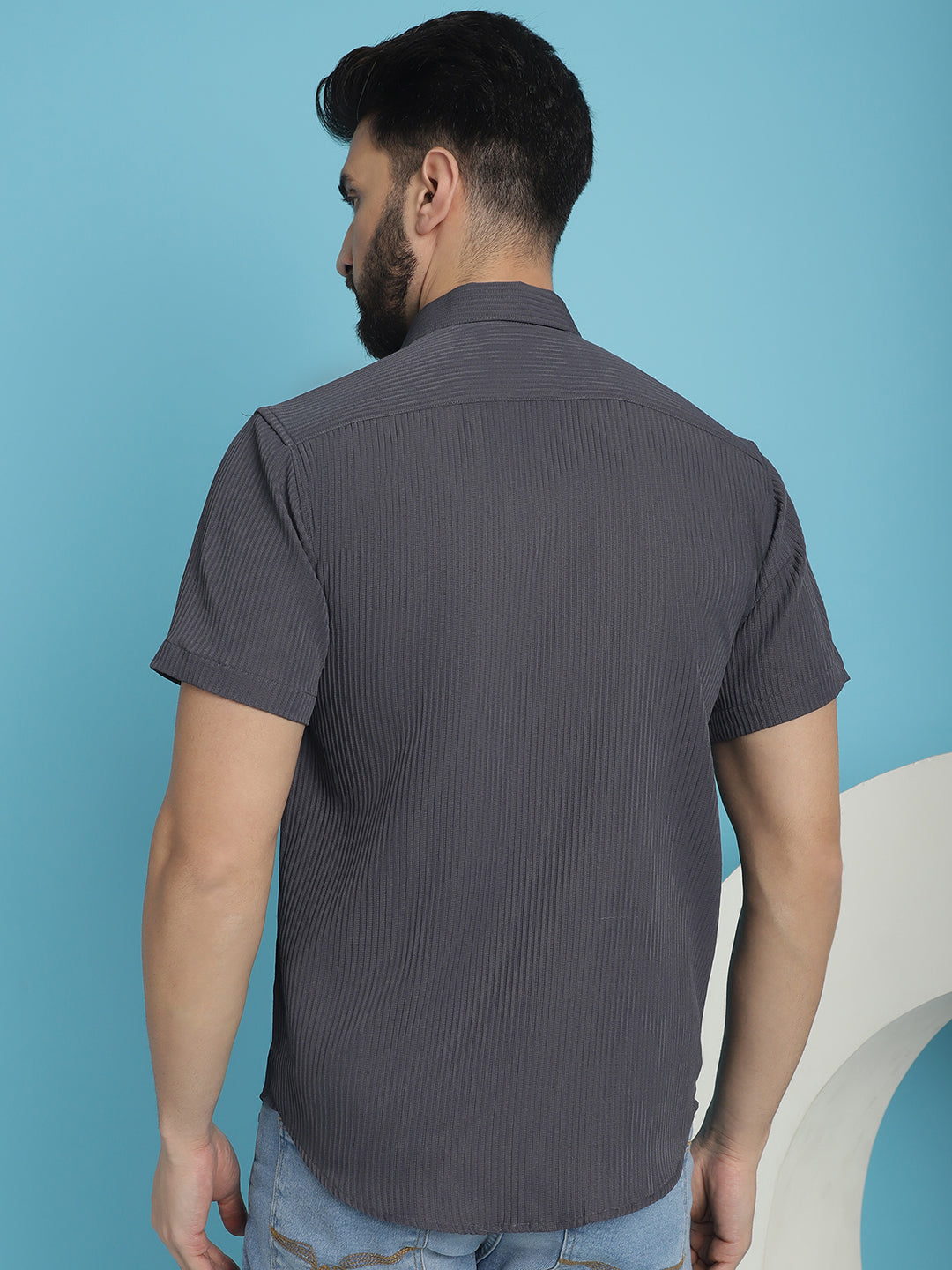 Indian Needle Men's Striped Half Sleeve Casual Shirt - Grey | Swadesiicart