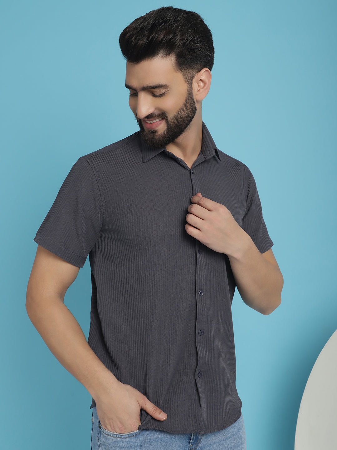 Indian Needle Men's Striped Half Sleeve Casual Shirt - Grey | Swadesiicart