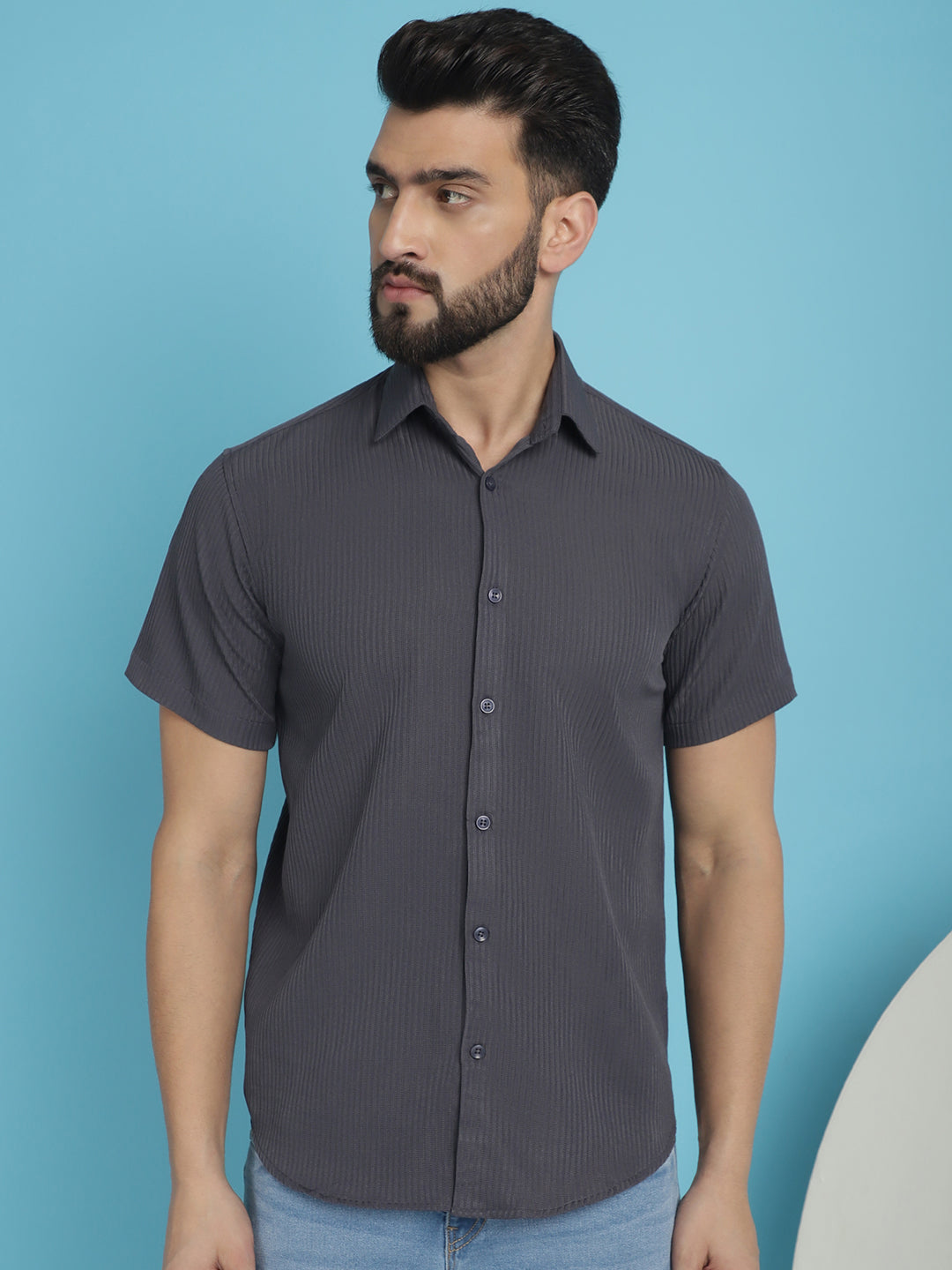 Indian Needle Men's Striped Half Sleeve Casual Shirt - Grey | Swadesiicart