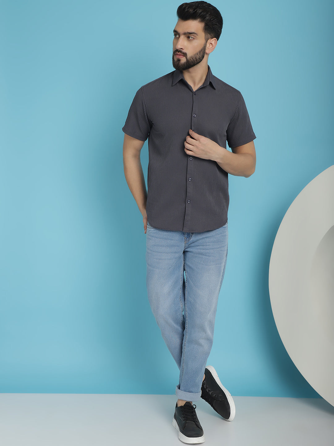 Indian Needle Men's Striped Half Sleeve Casual Shirt - Grey | Swadesiicart