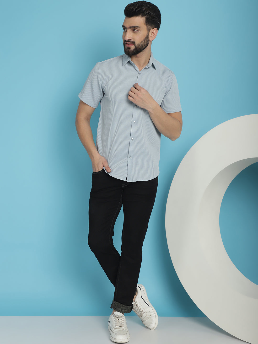 Indian Needle Men's Striped Half Sleeve Casual Shirt - Light-Grey | Swadesiicart