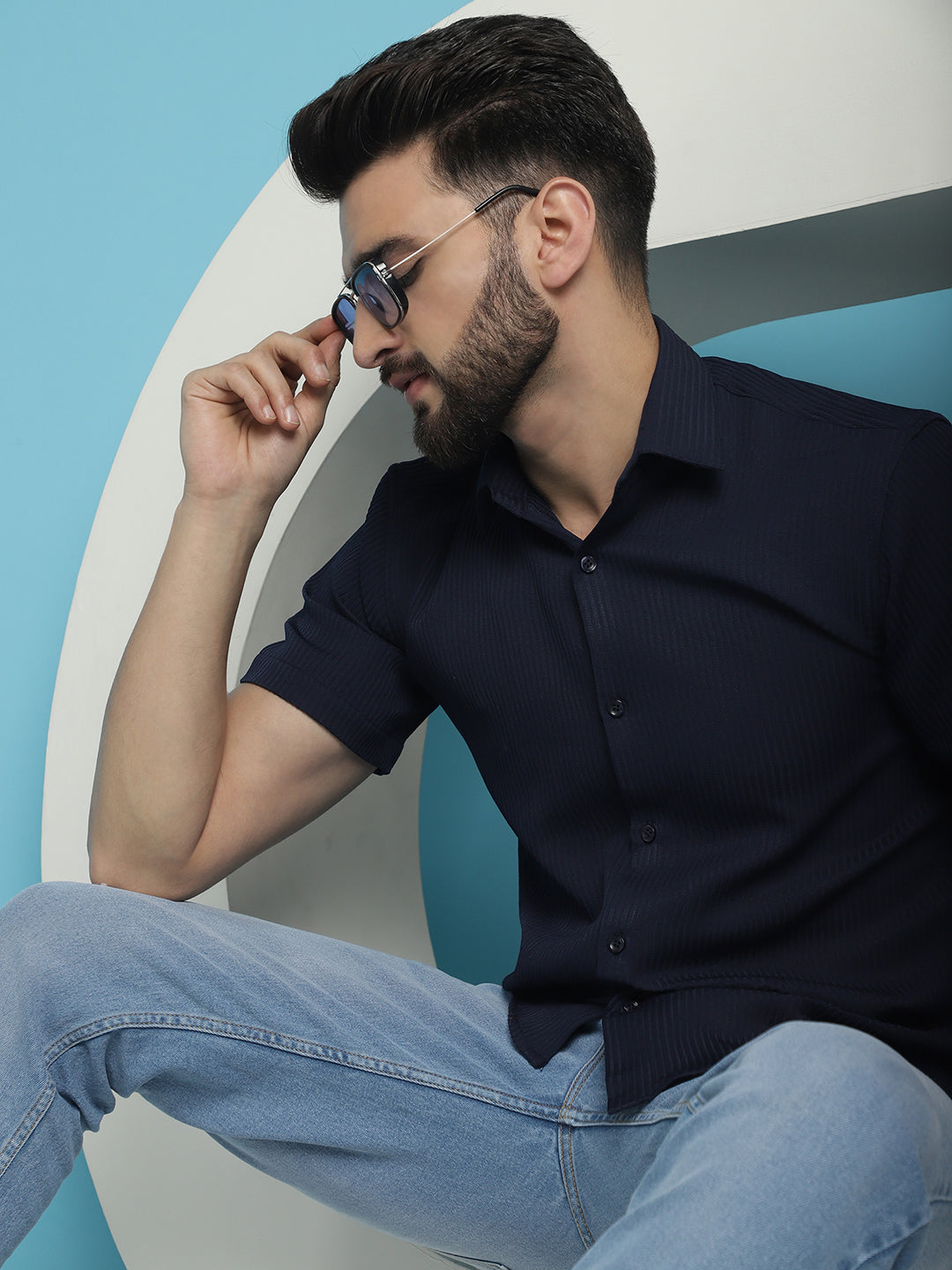 Indian Needle Men's Striped Half Sleeve Casual Shirt - Navy Blue | Swadesiicart