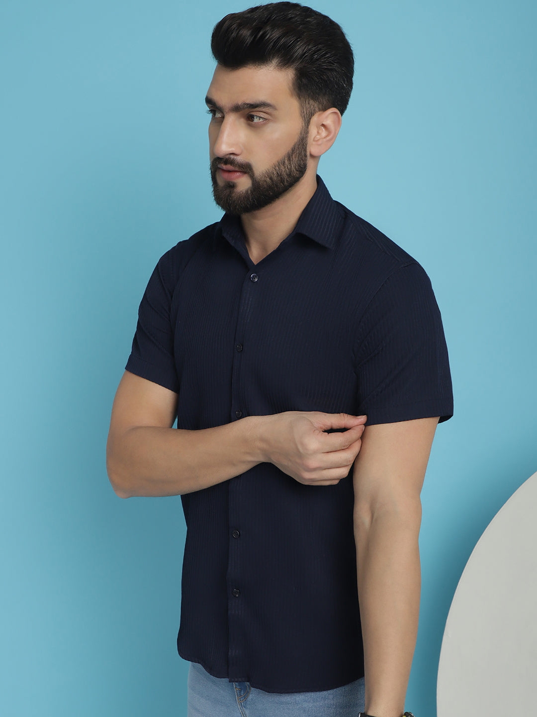 Indian Needle Men's Striped Half Sleeve Casual Shirt - Navy Blue | Swadesiicart