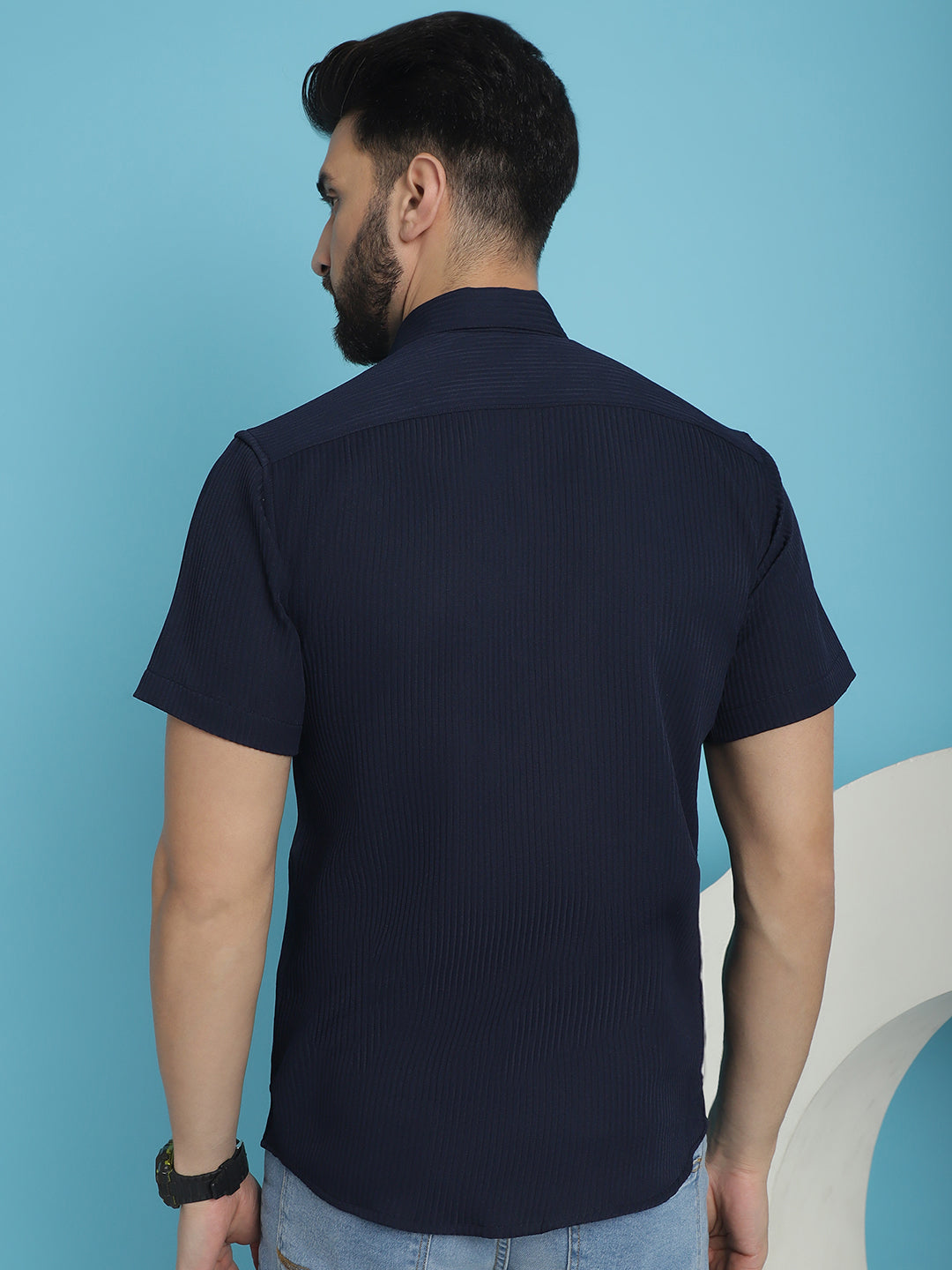 Indian Needle Men's Striped Half Sleeve Casual Shirt - Navy Blue | Swadesiicart