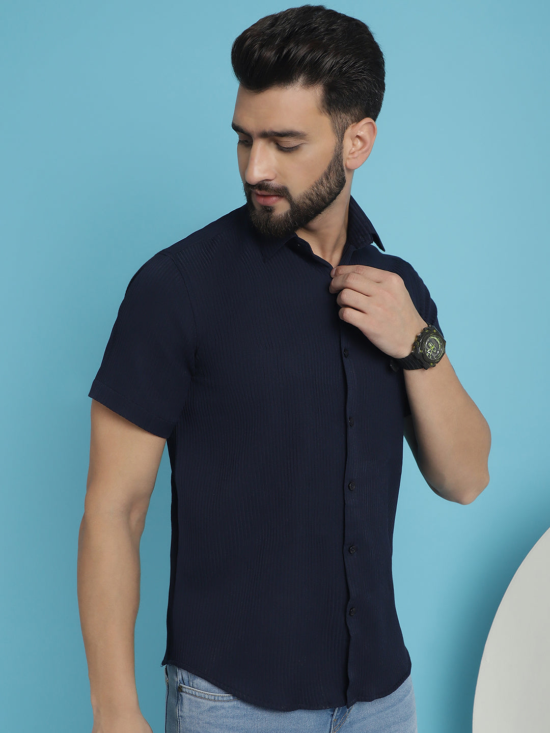 Indian Needle Men's Striped Half Sleeve Casual Shirt - Navy Blue | Swadesiicart