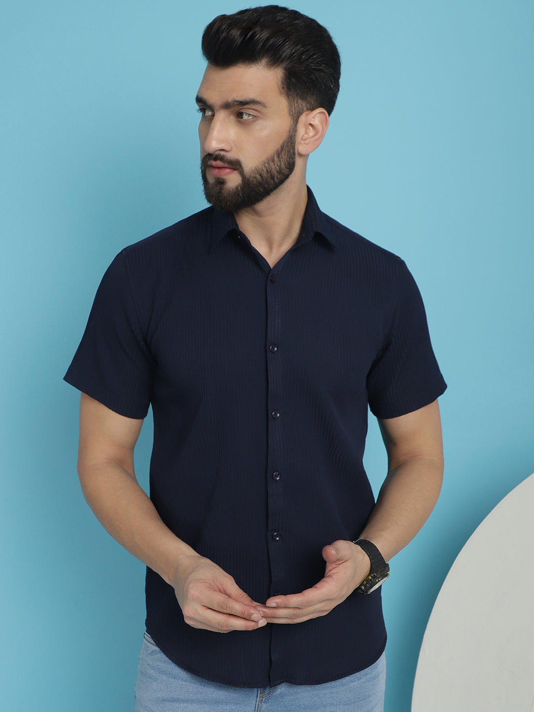 Indian Needle Men's Striped Half Sleeve Casual Shirt - Navy Blue | Swadesiicart