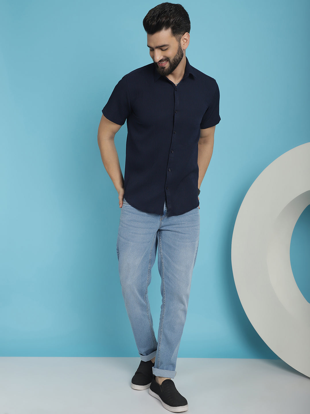Indian Needle Men's Striped Half Sleeve Casual Shirt - Navy Blue | Swadesiicart